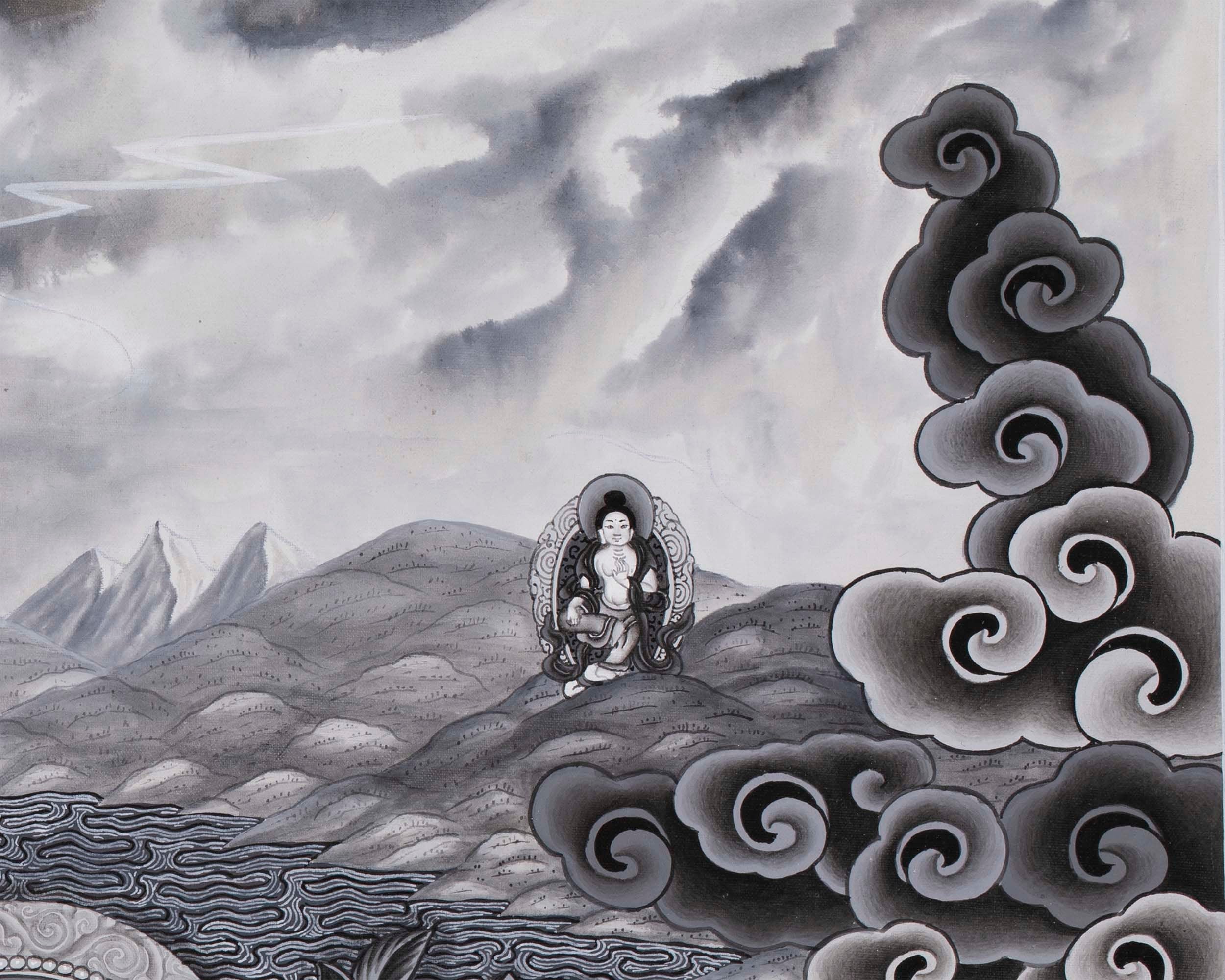 Boddhisattva Manjushree Thangka Creating Kathmandu Valley With The Self Born Light Swayambhu | Newari Style Black And White Wall Deco Art