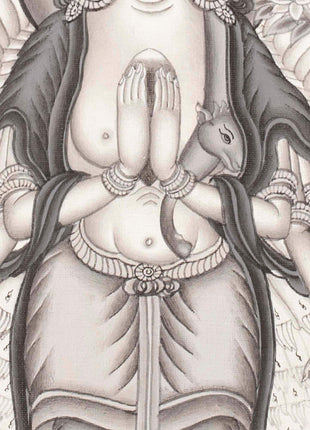 Avalokiteshvara Thangka flanked by Green and White Tara | Original Hand Painted Black & White Newari Style Bodhisattva Thangka