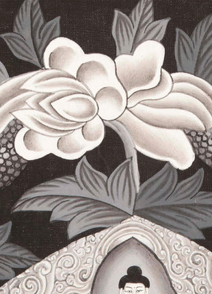 Avalokiteshvara Thangka flanked by Green and White Tara | Original Hand Painted Black & White Newari Style Bodhisattva Thangka
