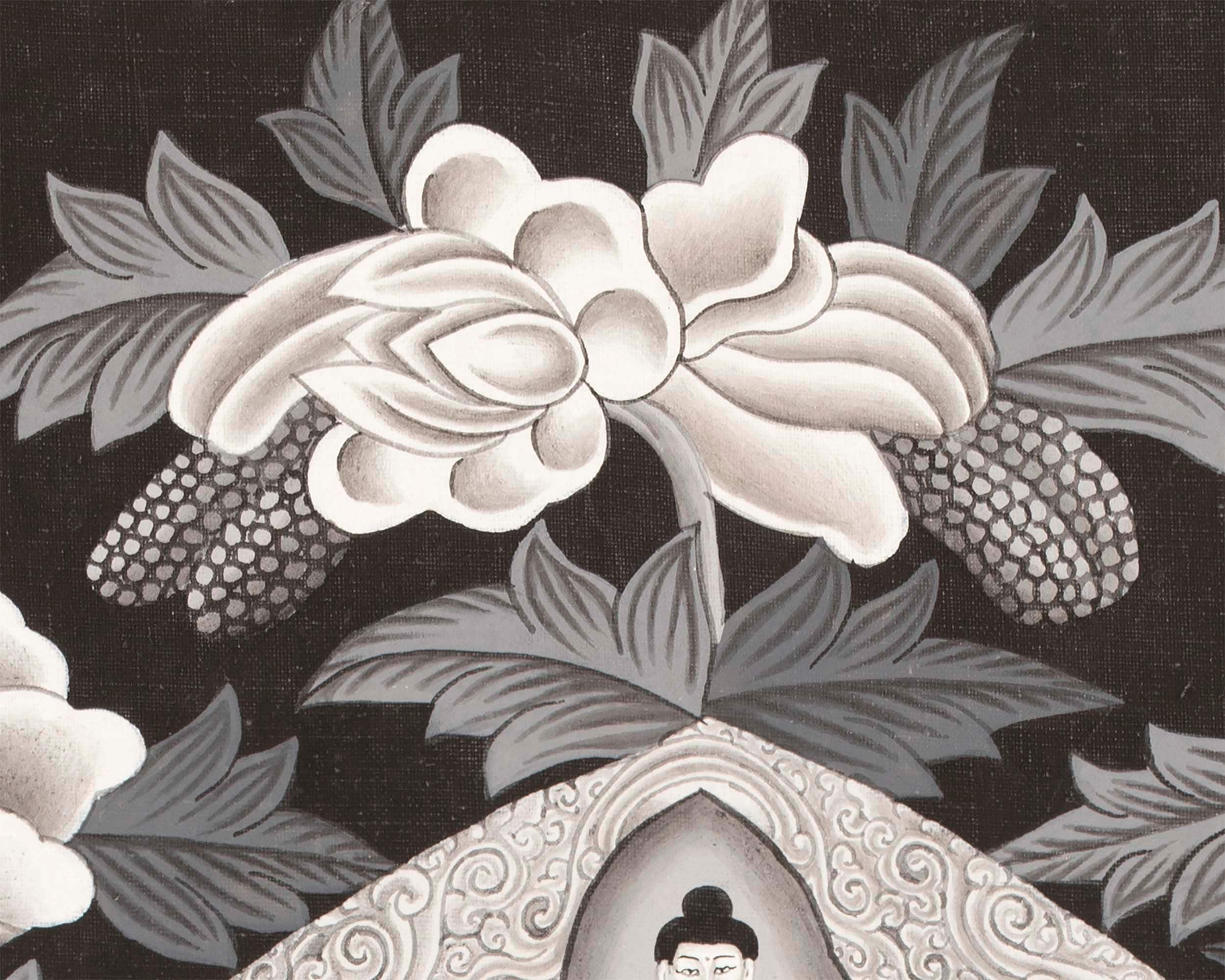 Avalokiteshvara Thangka flanked by Green and White Tara | Original Hand Painted Black & White Newari Style Bodhisattva Thangka