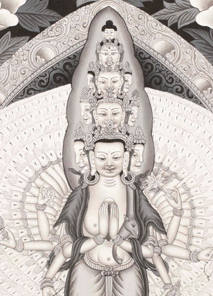 Avalokiteshvara Thangka flanked by Green and White Tara | Original Hand Painted Black & White Newari Style Bodhisattva Thangka