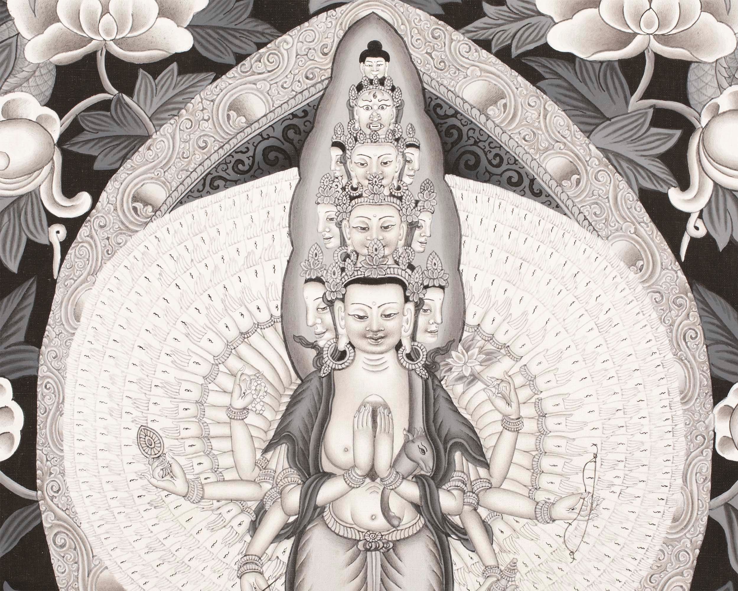 Avalokiteshvara Thangka flanked by Green and White Tara | Original Hand Painted Black & White Newari Style Bodhisattva Thangka