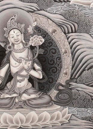 Avalokiteshvara Thangka flanked by Green and White Tara | Original Hand Painted Black & White Newari Style Bodhisattva Thangka