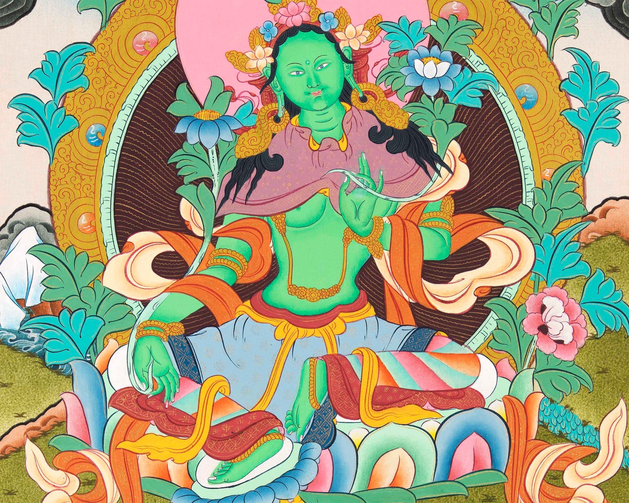 Mother Green Tara Thangka |  Religious Handpainted Art | Buddhist Wall Decors