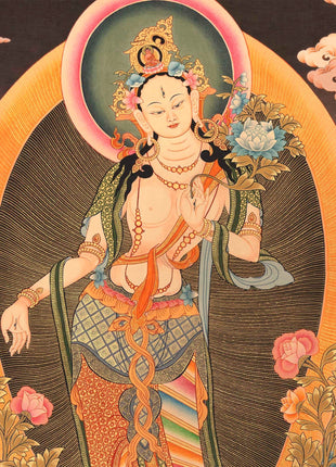 Standing White Tara Mother Goddess Healing Thangka Painting |  Wall hanging Decoration for Positivity