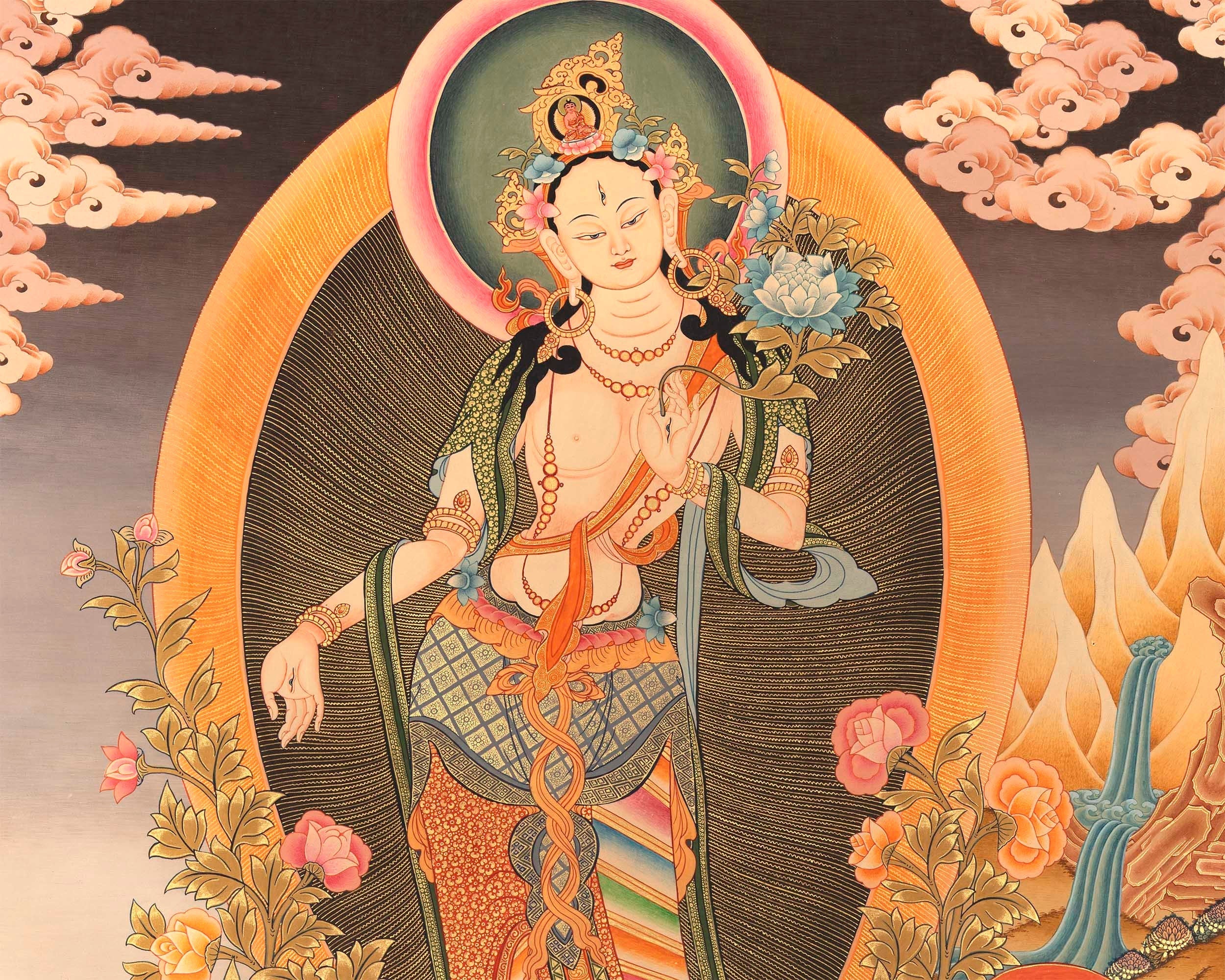 Standing White Tara Mother Goddess Healing Thangka Painting |  Wall hanging Decoration for Positivity