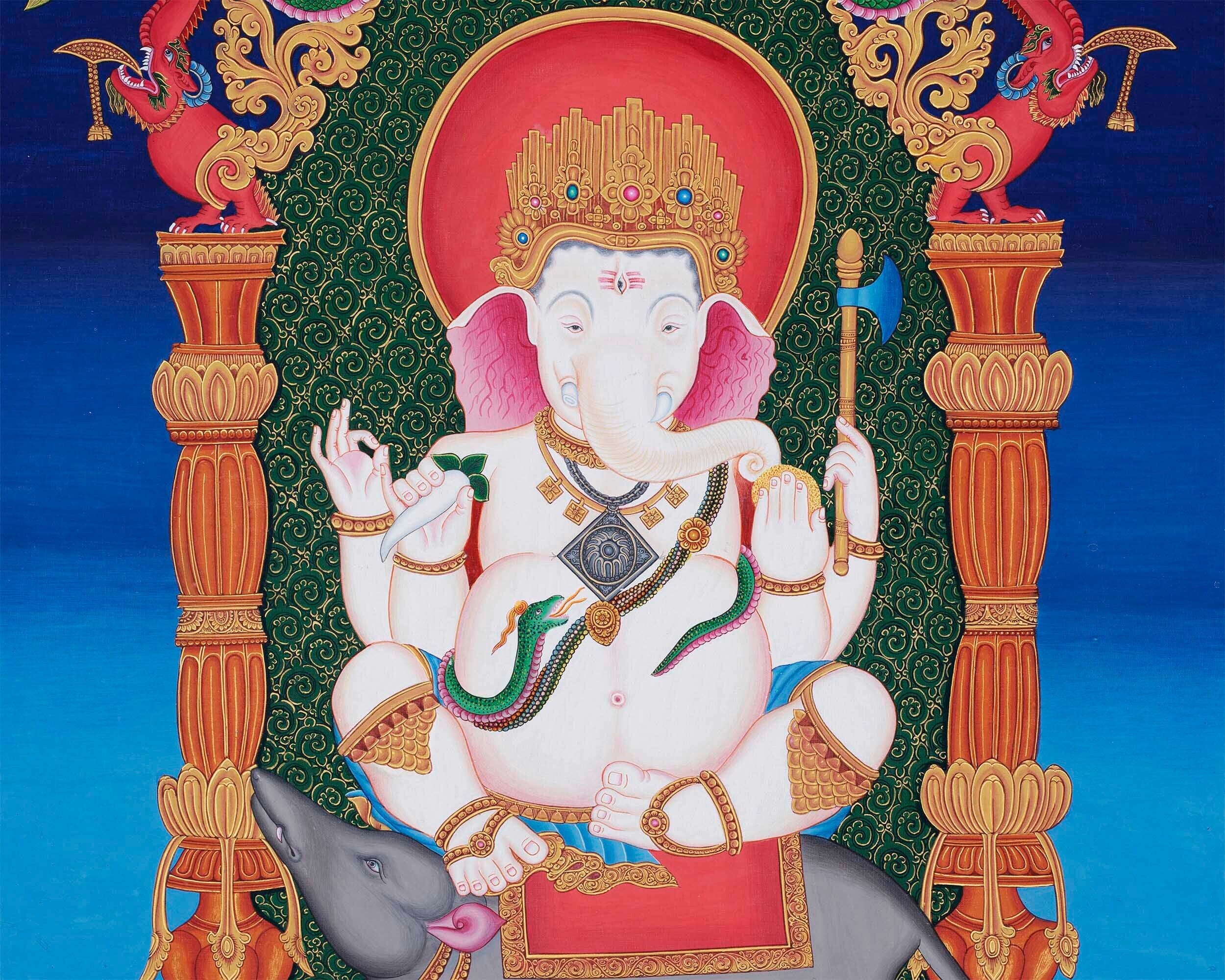 Ganesh Original Hand-Painted Buddhist Thangka Painting | Buddhist and Hindu Deity | Ganesh Wall Hanging Art | Ganapati Baba Moriya