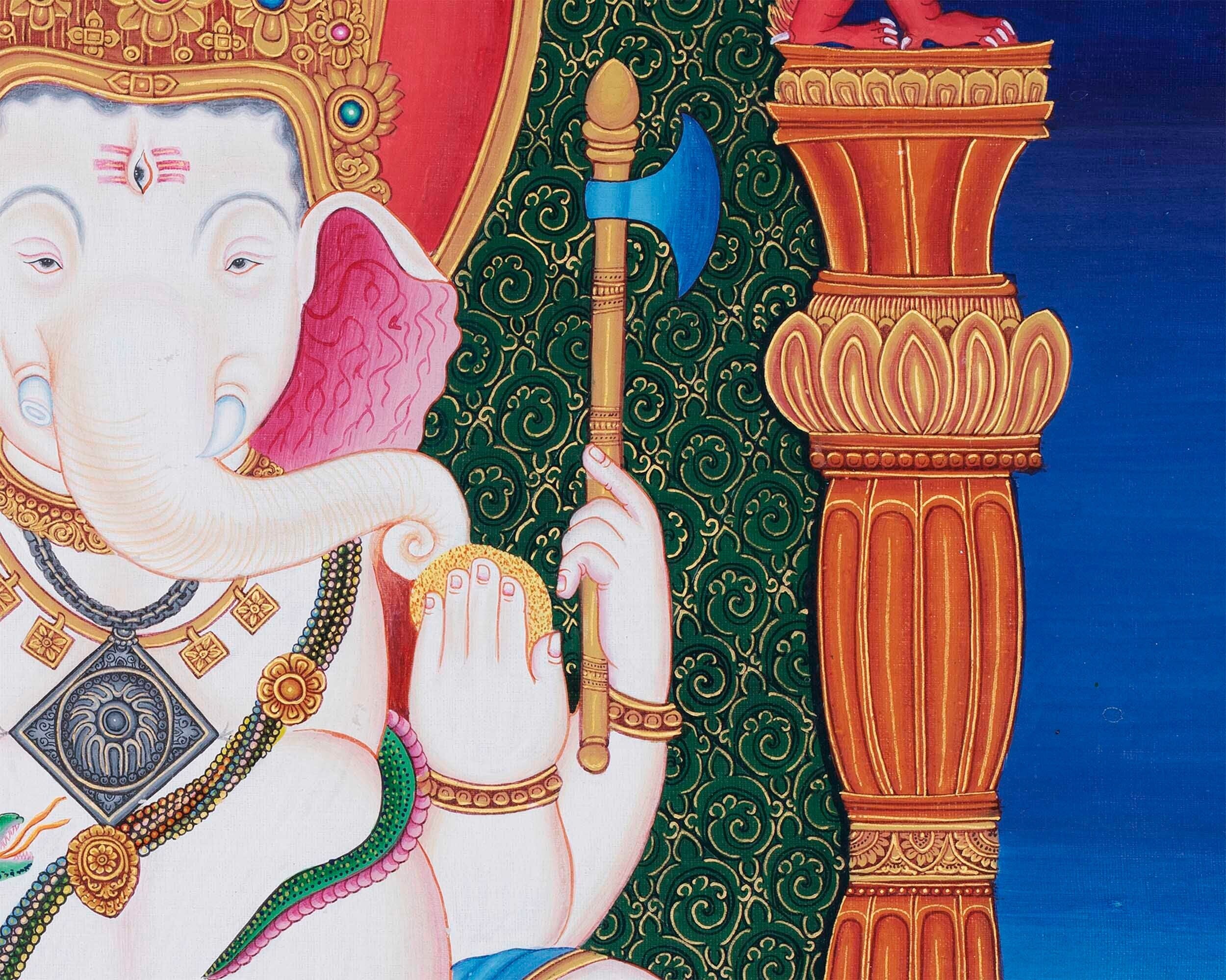 Ganesh Original Hand-Painted Buddhist Thangka Painting | Buddhist and Hindu Deity | Ganesh Wall Hanging Art | Ganapati Baba Moriya