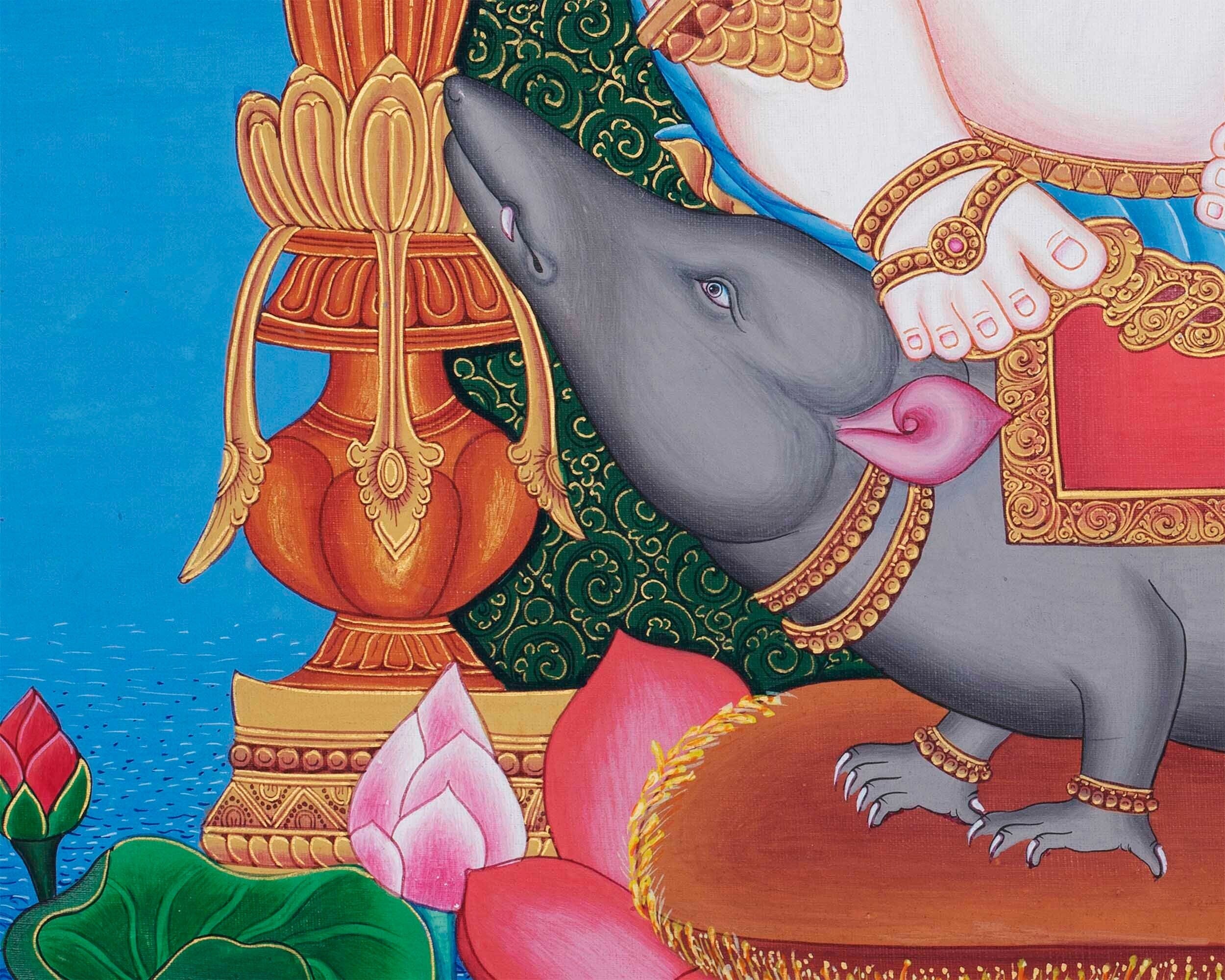 Ganesh Original Hand-Painted Buddhist Thangka Painting | Buddhist and Hindu Deity | Ganesh Wall Hanging Art | Ganapati Baba Moriya