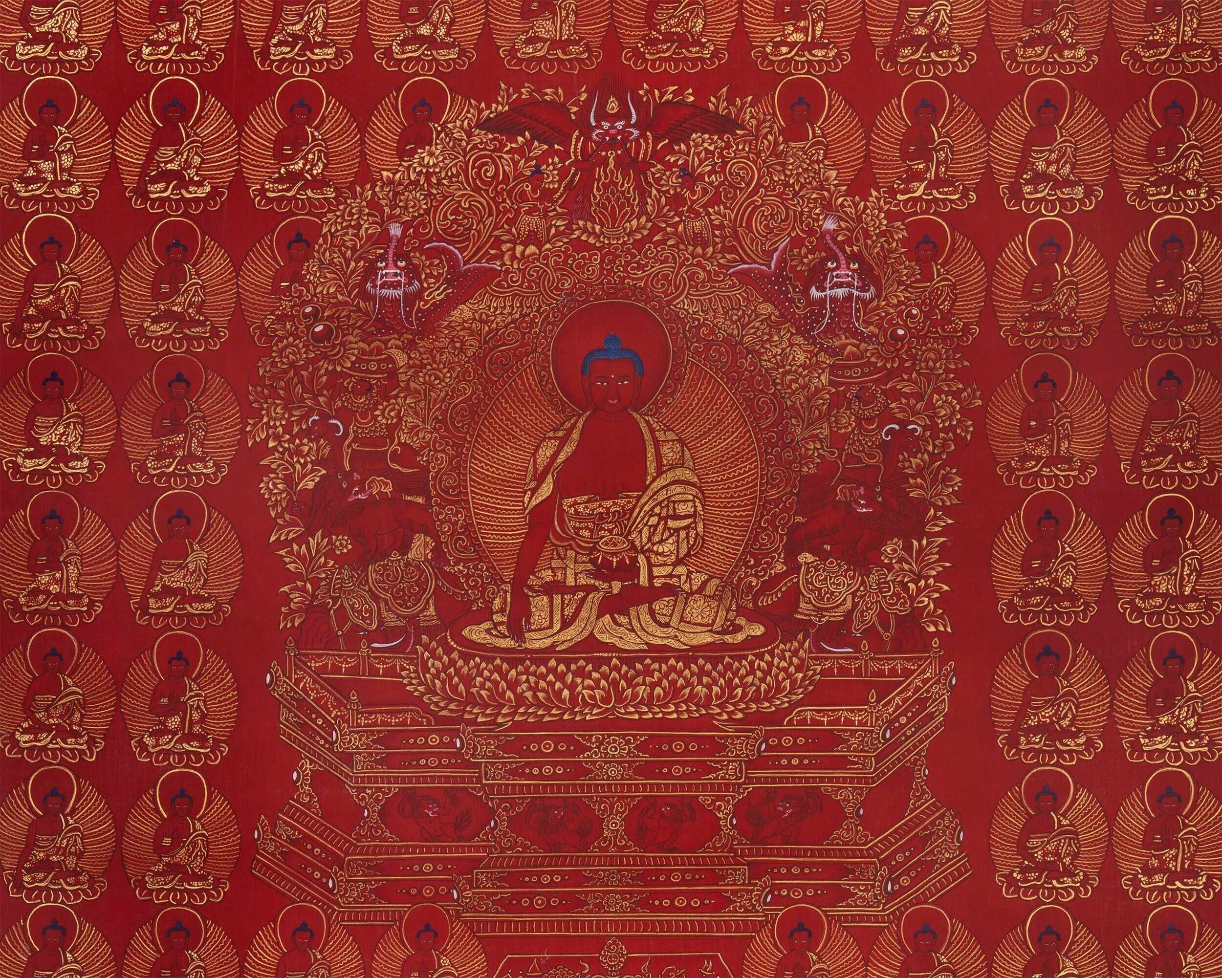 24k 108 Buddhas' Gold Print | Fine Quality Handmade Tibetan Thangka |  Wall hanging Decoration | Small Size Wall Decor | Zen Art