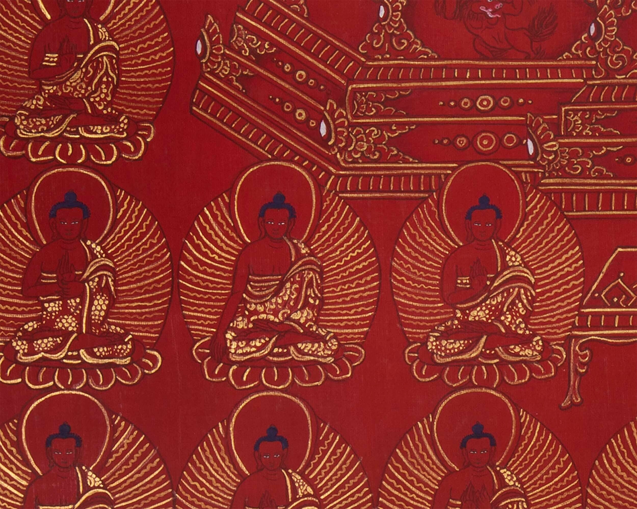 24k 108 Buddhas' Gold Print | Fine Quality Handmade Tibetan Thangka |  Wall hanging Decoration | Small Size Wall Decor | Zen Art