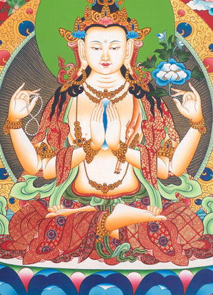 Avalokitesvara Chengrezig Thangka | Flanked by Boddhisattvas Vajrapani and Manjushree | Wall Decors