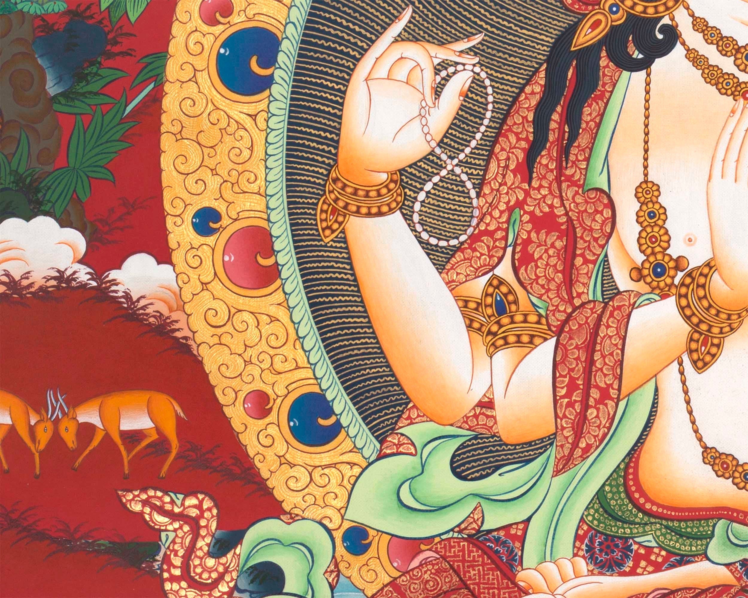 Avalokitesvara Chengrezig Thangka | Flanked by Boddhisattvas Vajrapani and Manjushree | Wall Decors