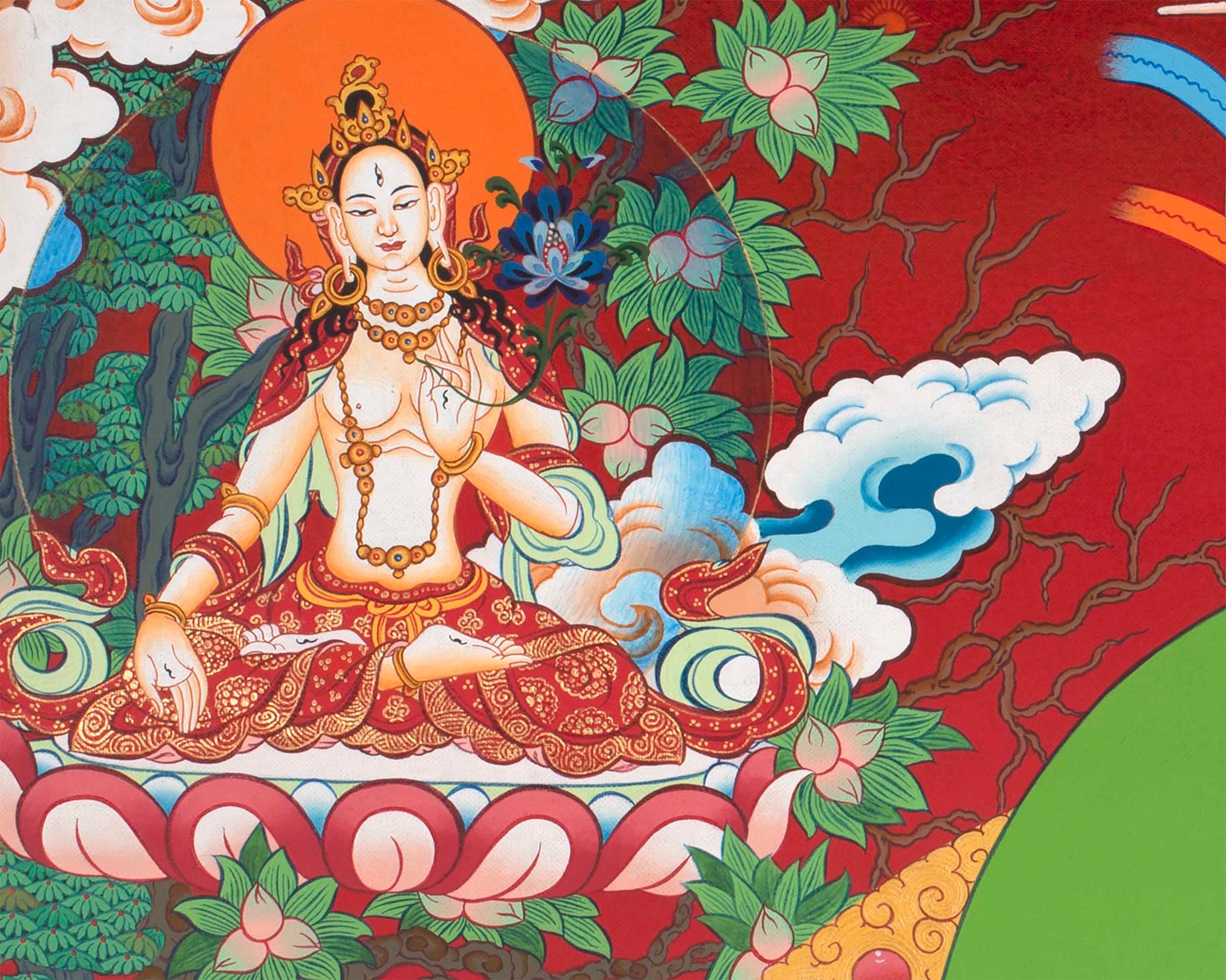 Avalokitesvara Chengrezig Thangka | Flanked by Boddhisattvas Vajrapani and Manjushree | Wall Decors