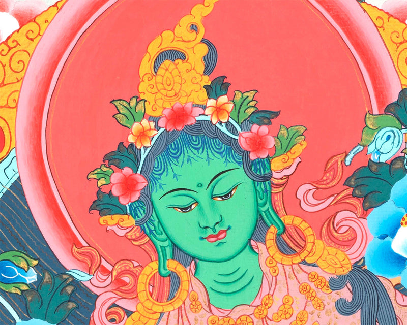 Mother Green Tara Thangka Painting | Wall Hanging Decoration | Religious Home Decor