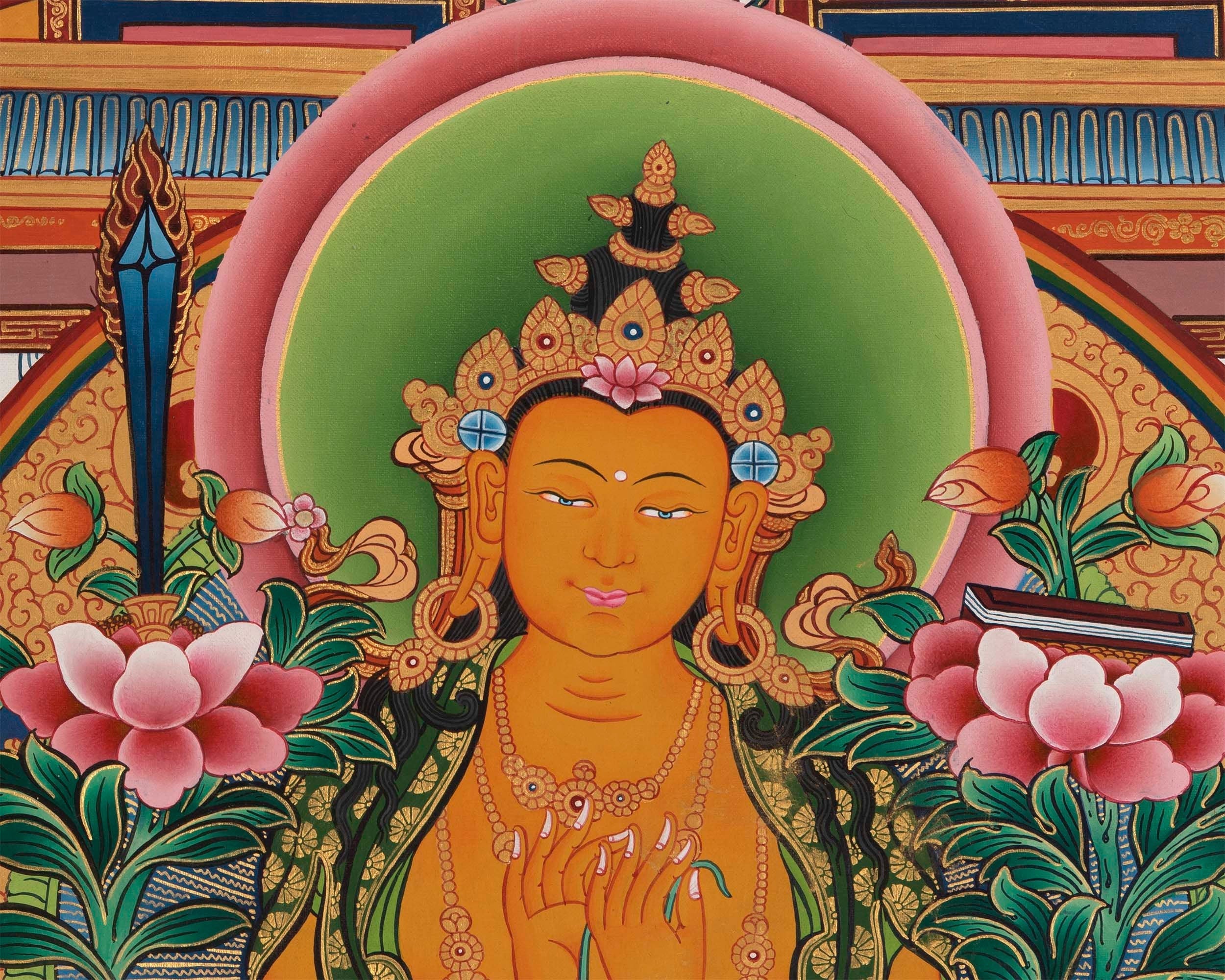 Manjushree Thangka | Manjushri Palace Large Sized Tibetan Thangka Painting For Office, Bedroom & Farmhouse