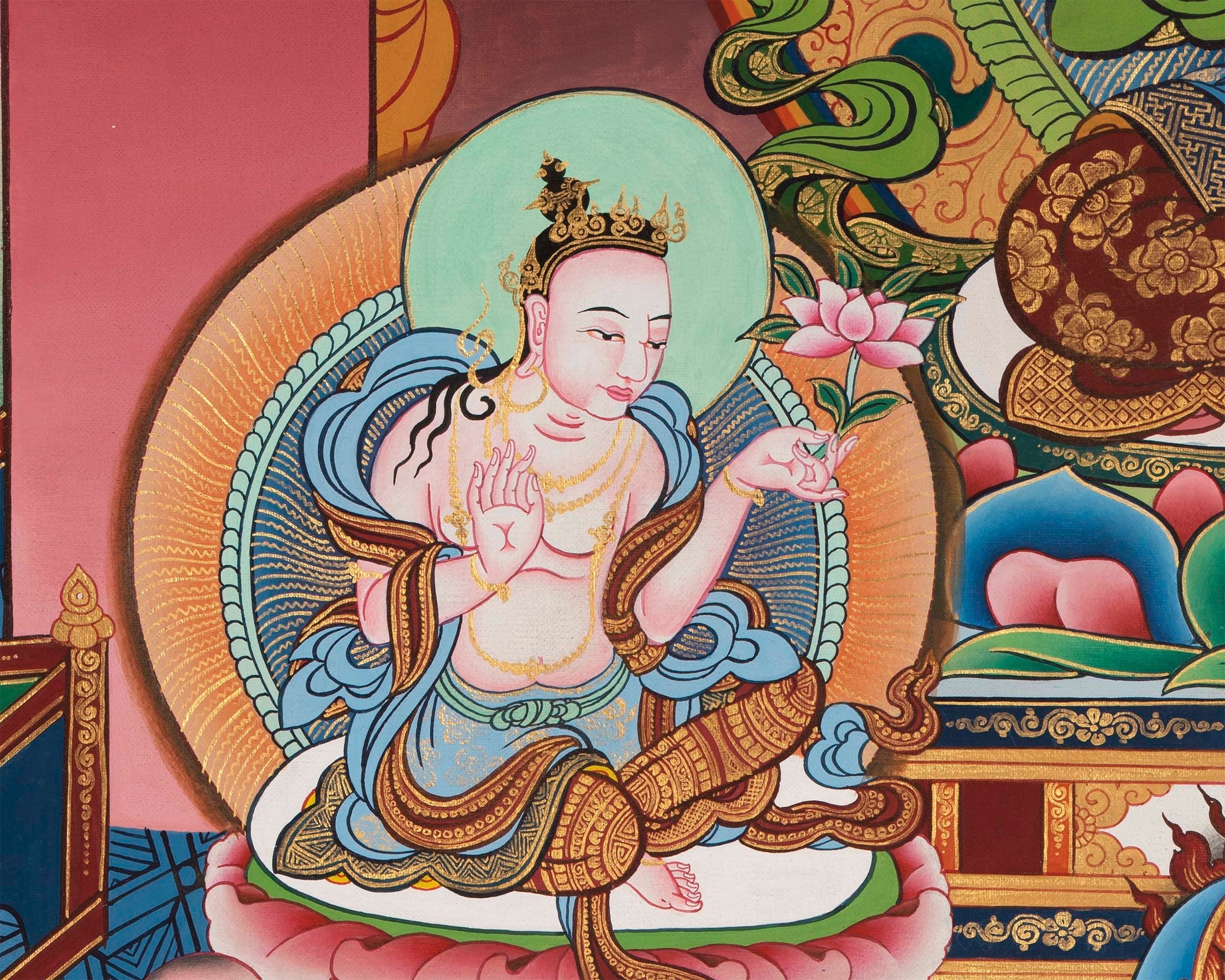 Manjushree Thangka | Manjushri Palace Large Sized Tibetan Thangka Painting For Office, Bedroom & Farmhouse