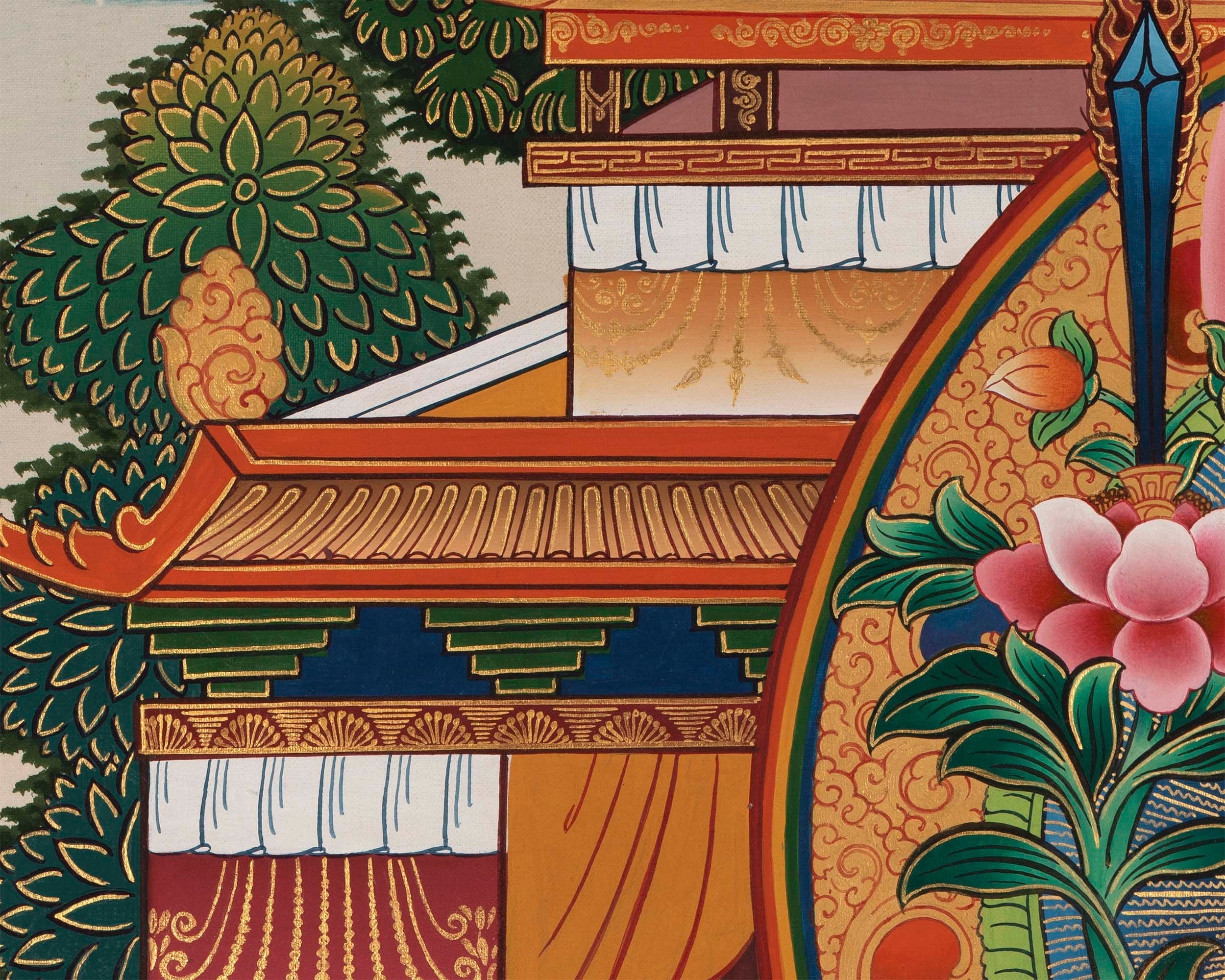 Manjushree Thangka | Manjushri Palace Large Sized Tibetan Thangka Painting For Office, Bedroom & Farmhouse