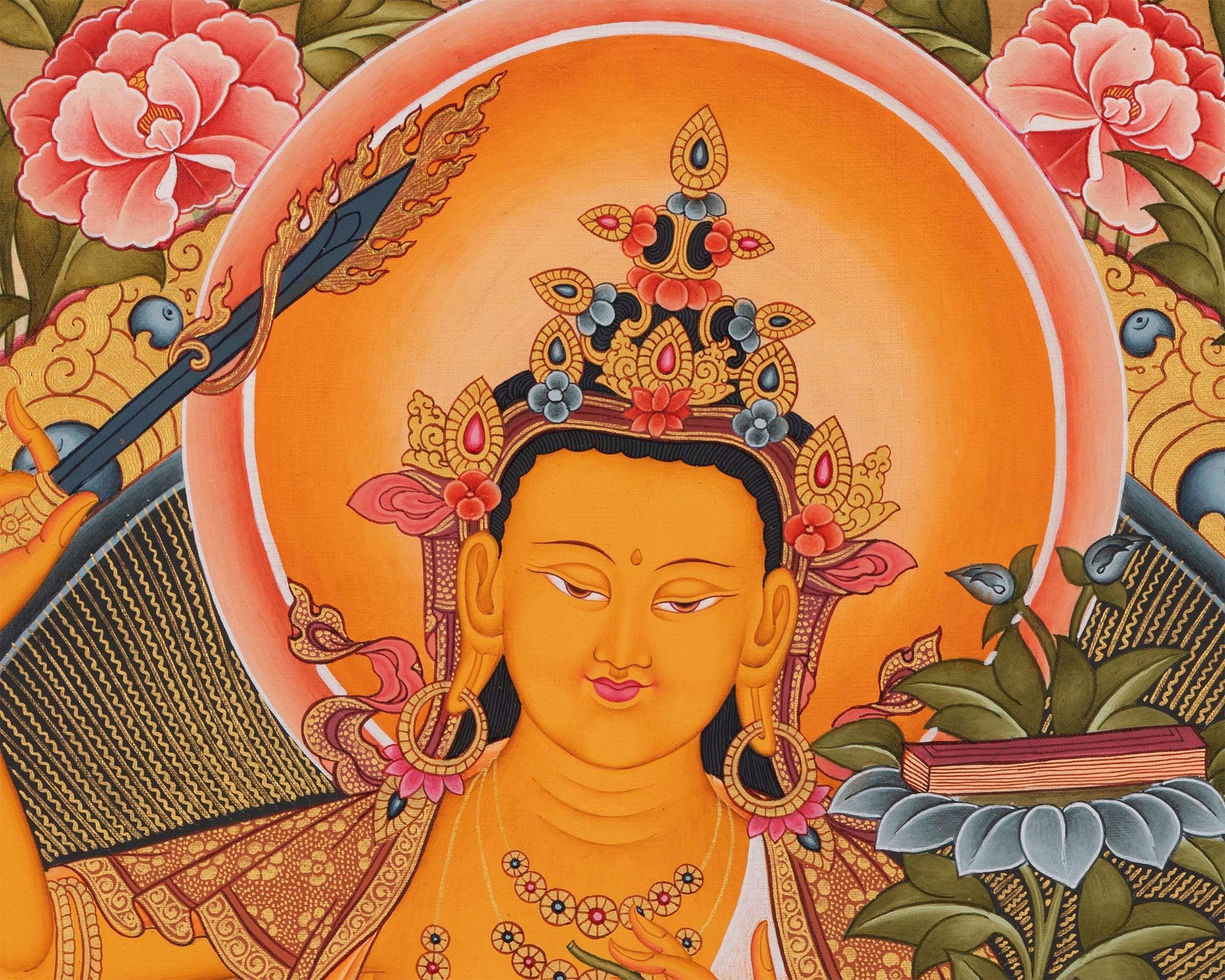 Manjushree The Deity of Wisdom Thangka  | Amitayus , Vajrapani & Chengresig Fine Quality Acrylic Art | Wisdom Buddha