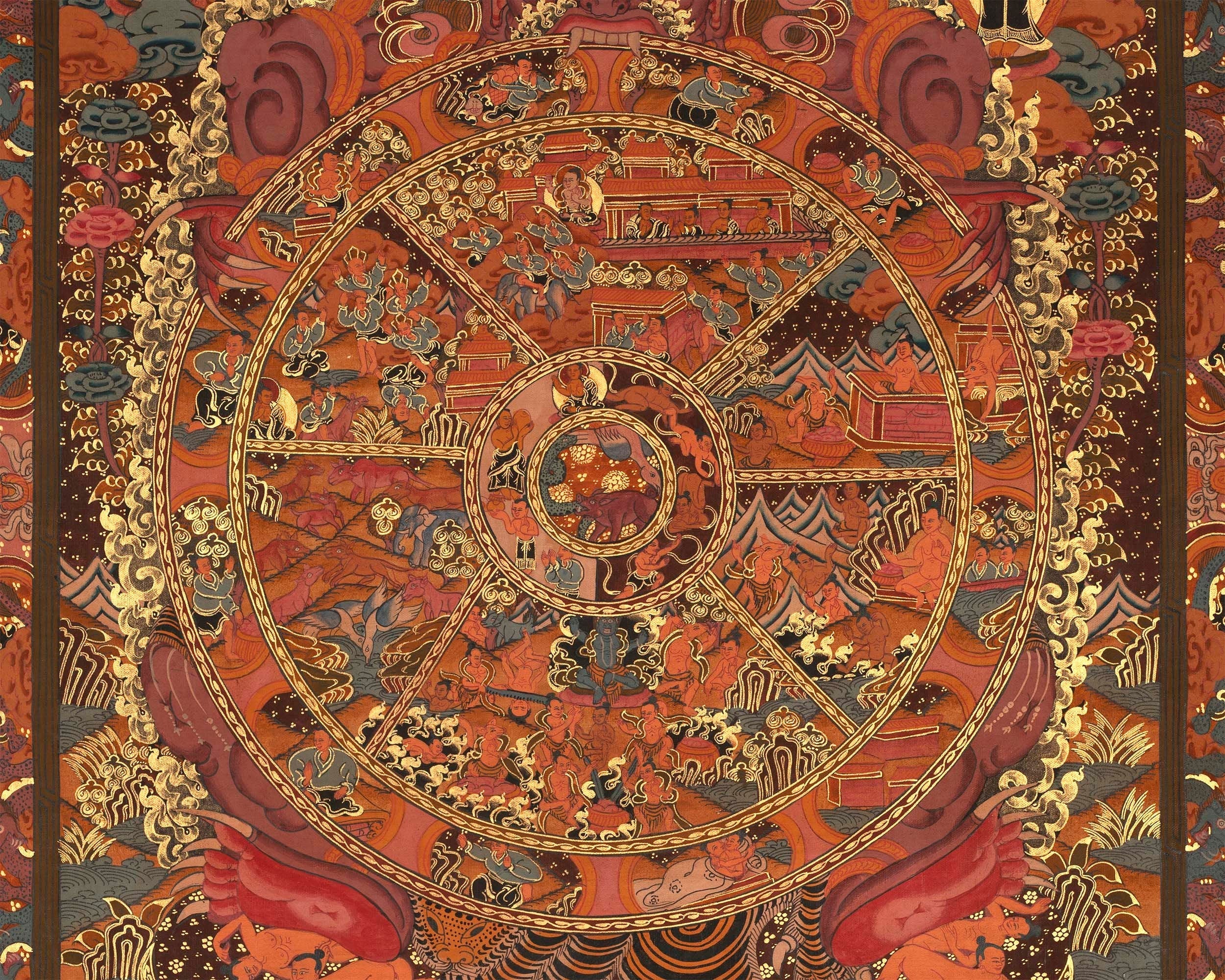 Wheel Of Life Original Gold Painted Tibetan Thangka |  Wall hanging Decoration for Relaxation | Spiritual Meditation Art For Eternal Love
