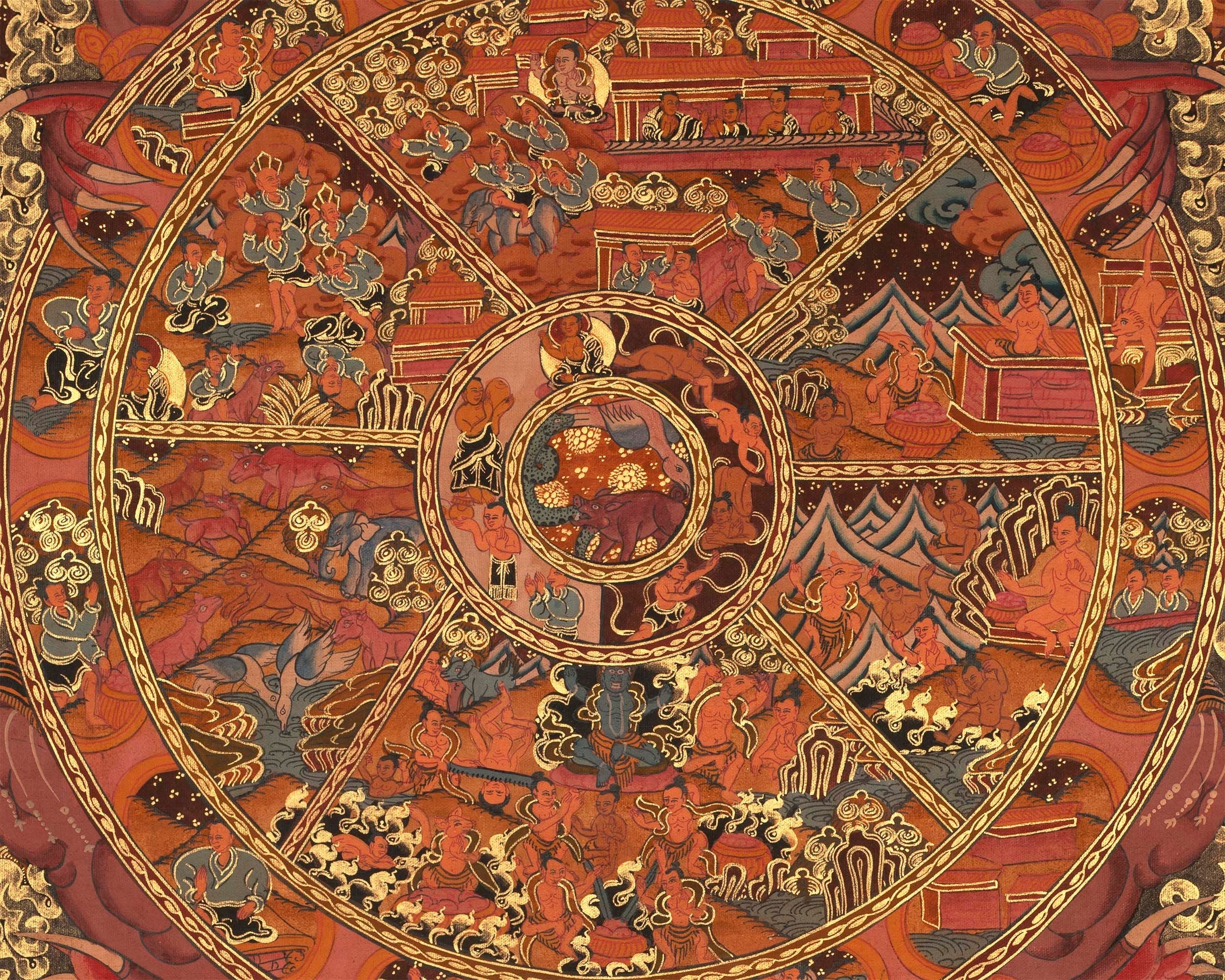 Wheel Of Life Original Gold Painted Tibetan Thangka |  Wall hanging Decoration for Relaxation | Spiritual Meditation Art For Eternal Love