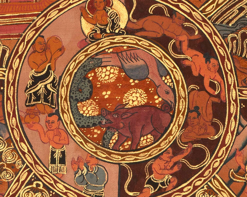 Wheel Of Life Original Gold Painted Tibetan Thangka |  Wall hanging Decoration for Relaxation | Spiritual Meditation Art For Eternal Love