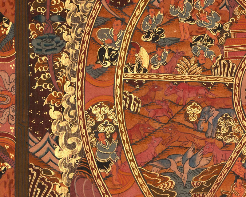 Wheel Of Life Original Gold Painted Tibetan Thangka |  Wall hanging Decoration for Relaxation | Spiritual Meditation Art For Eternal Love