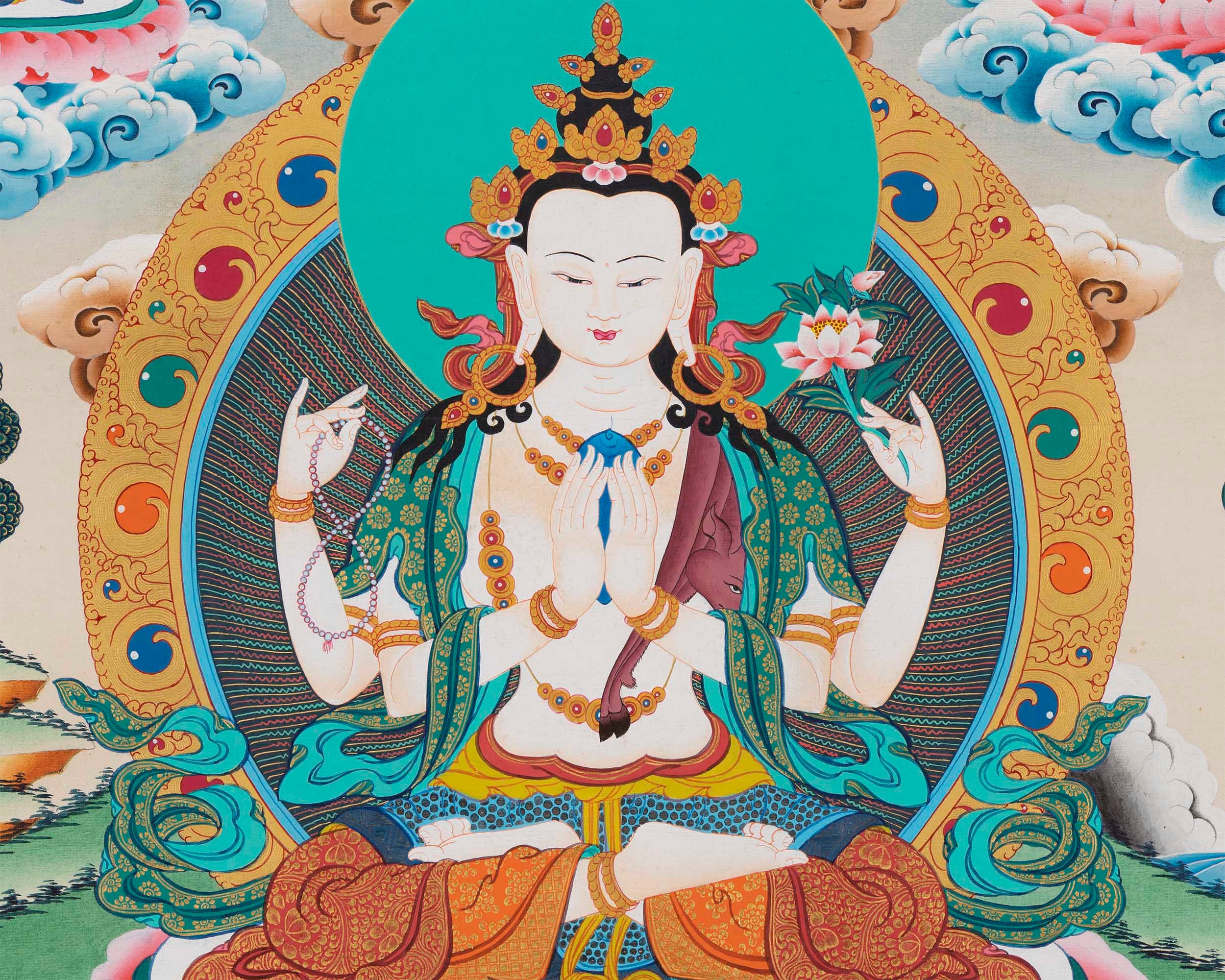 Chengrezig Handmade Original Thangka | Bodhisattva Avalokiteshvara