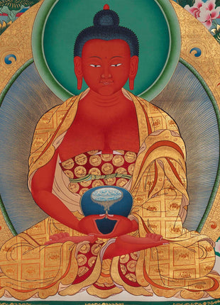 Red Amitabha Buddha Original Hand-Painted Thangka | Wall Hanging For Peace And Harmony |  Mindfulness Meditation Practice Tool
