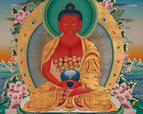 Red Amitabha Buddha Original Hand-Painted Thangka | Wall Hanging For Peace And Harmony |  Mindfulness Meditation Practice Tool