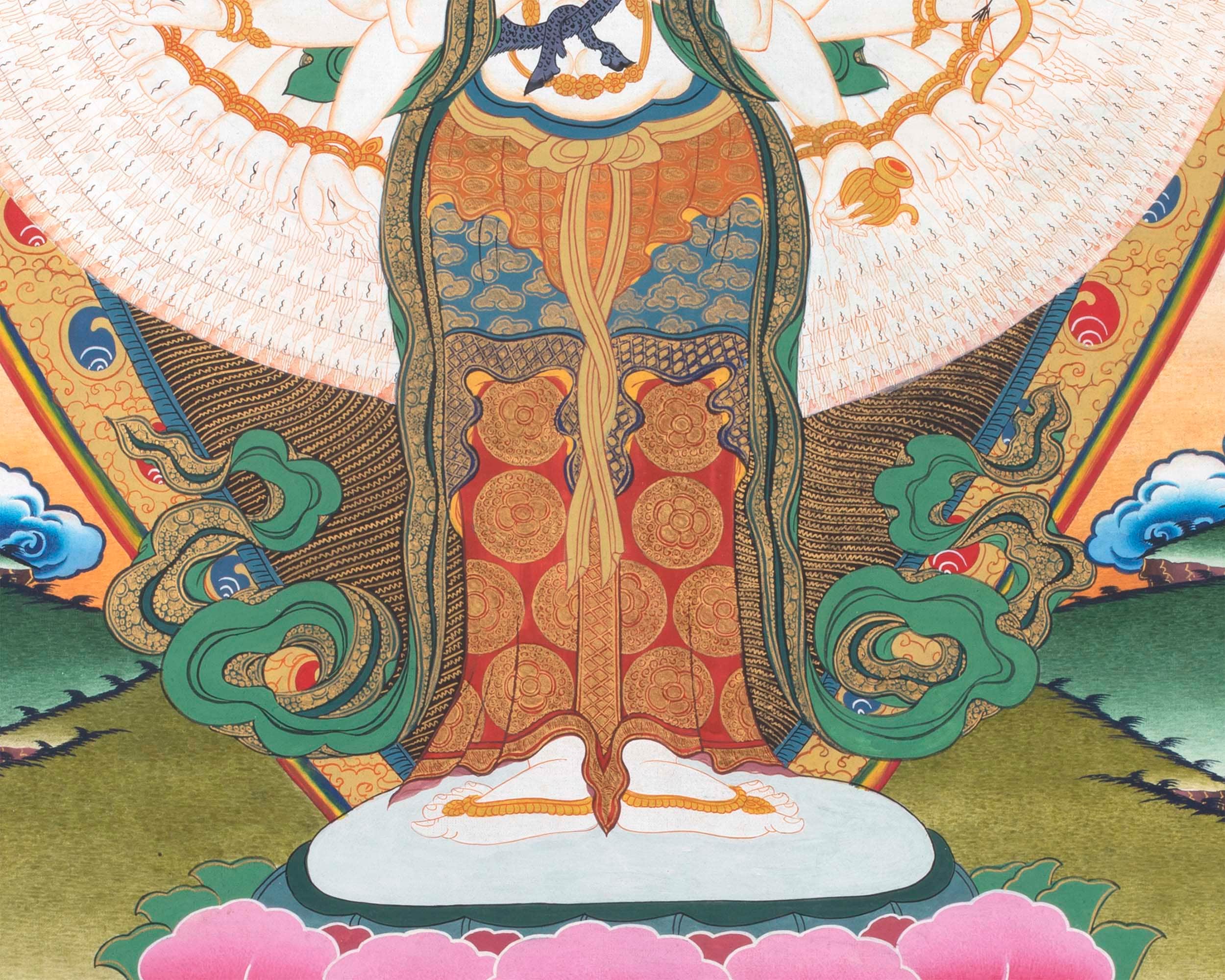 Avalokiteshvara Original Handmade Tibetan Thangka | Small Size Wall Decoration Painting