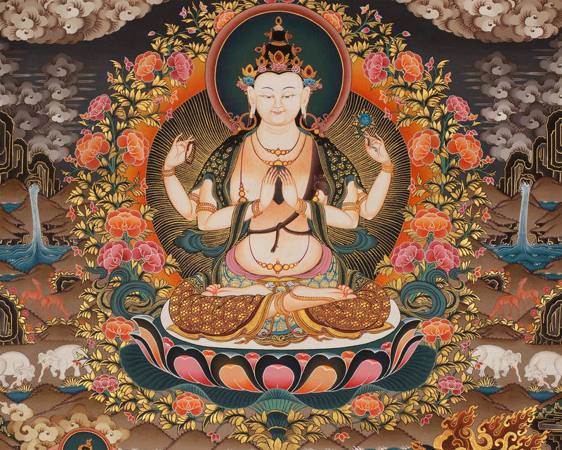 4 Armed Chenrezig Thangka | Yoga Meditation Canvas Art for your Peace