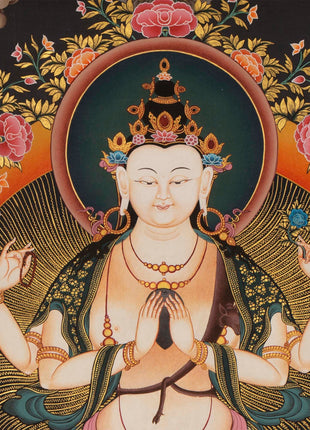 4 Armed Chenrezig Thangka | Yoga Meditation Canvas Art for your Peace