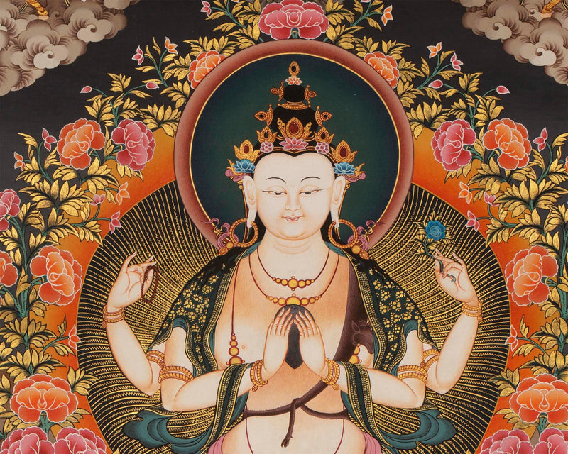 4 Armed Chenrezig Thangka | Yoga Meditation Canvas Art for your Peace