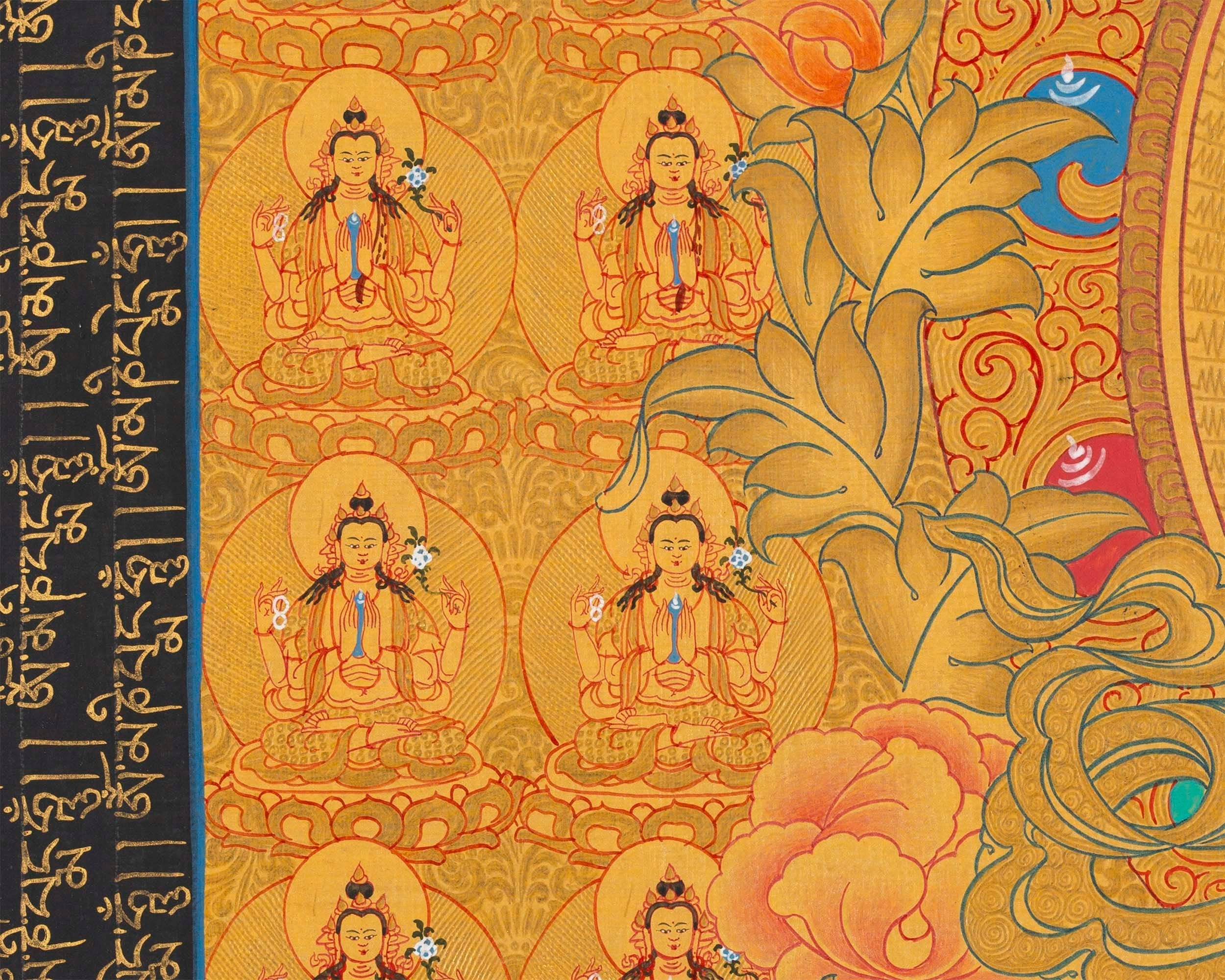 108 Chenrezig Avalokiteshvara Thangka | 24k Pure Gold Original Handmade Tibetan Thangka | Small Size Wall Decoration Painting | Mindfulness Meditation