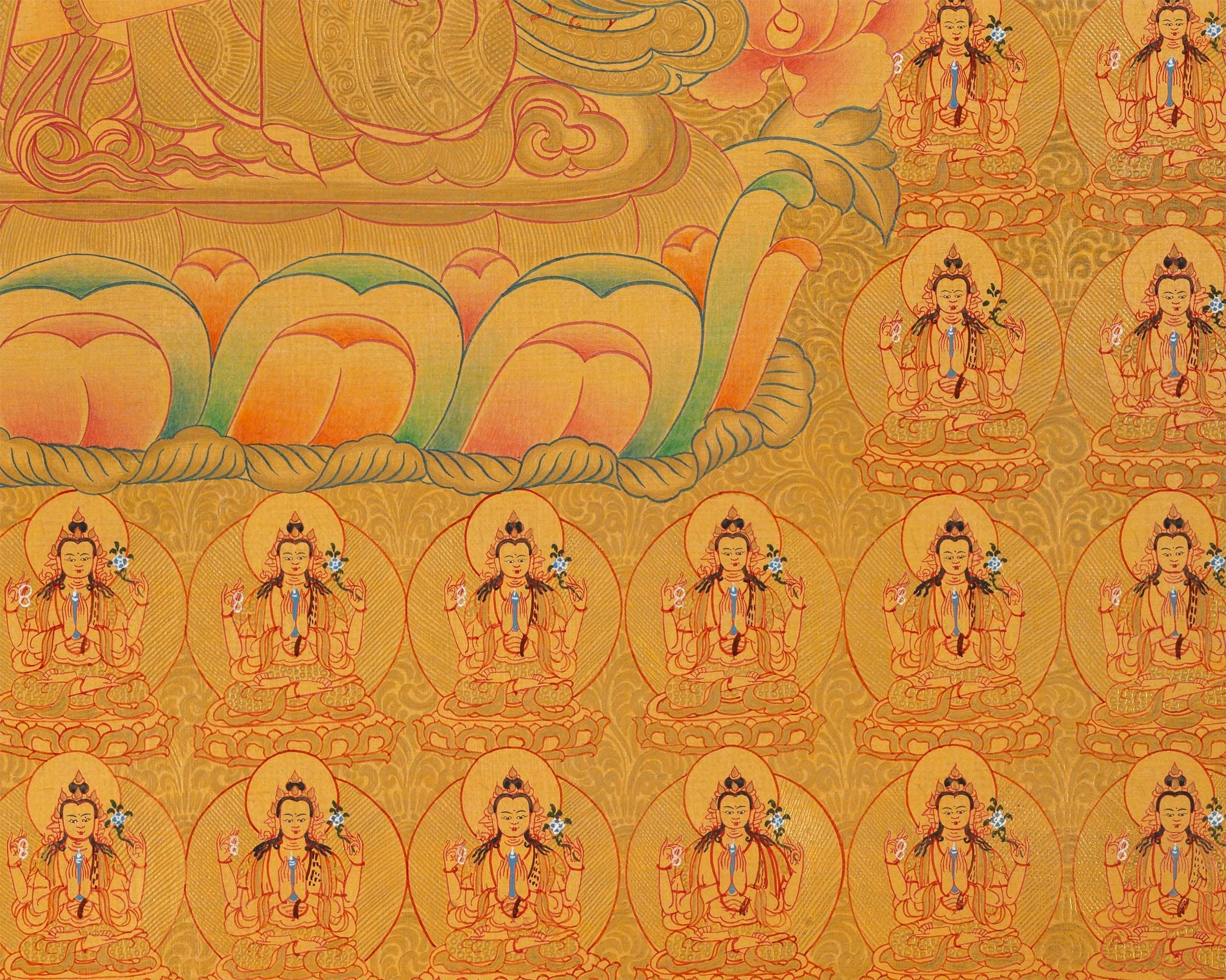 108 Chenrezig Avalokiteshvara Thangka | 24k Pure Gold Original Handmade Tibetan Thangka | Small Size Wall Decoration Painting | Mindfulness Meditation