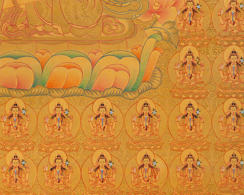 108 Chenrezig Avalokiteshvara Thangka | 24k Pure Gold Original Handmade Tibetan Thangka | Small Size Wall Decoration Painting | Mindfulness Meditation