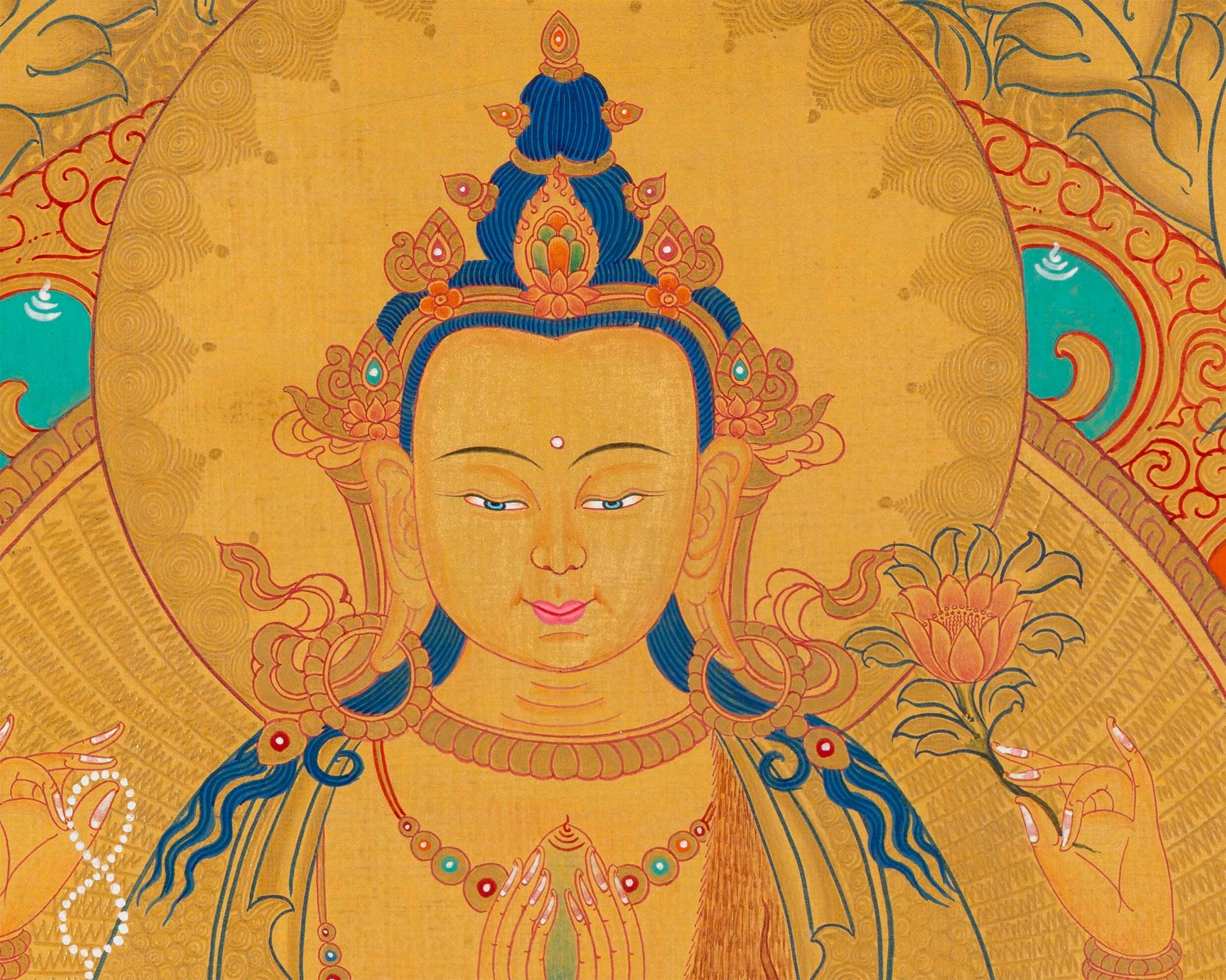 108 Chenrezig Avalokiteshvara Thangka | 24k Pure Gold Original Handmade Tibetan Thangka | Small Size Wall Decoration Painting | Mindfulness Meditation