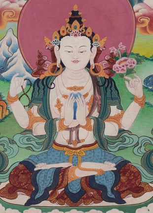 Original Vintage Chenrezig Thanka with Brocade | Traditional Thangka Art