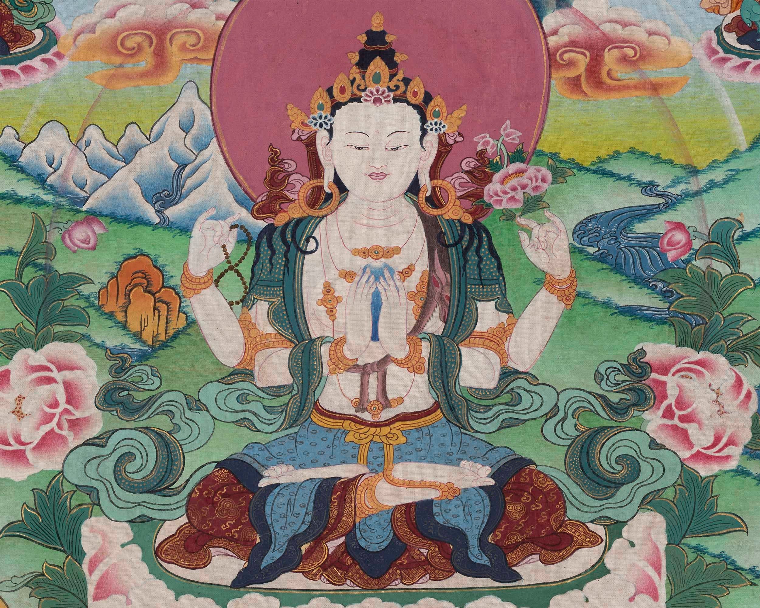 Original Vintage Chenrezig Thanka with Brocade | Traditional Thangka Art