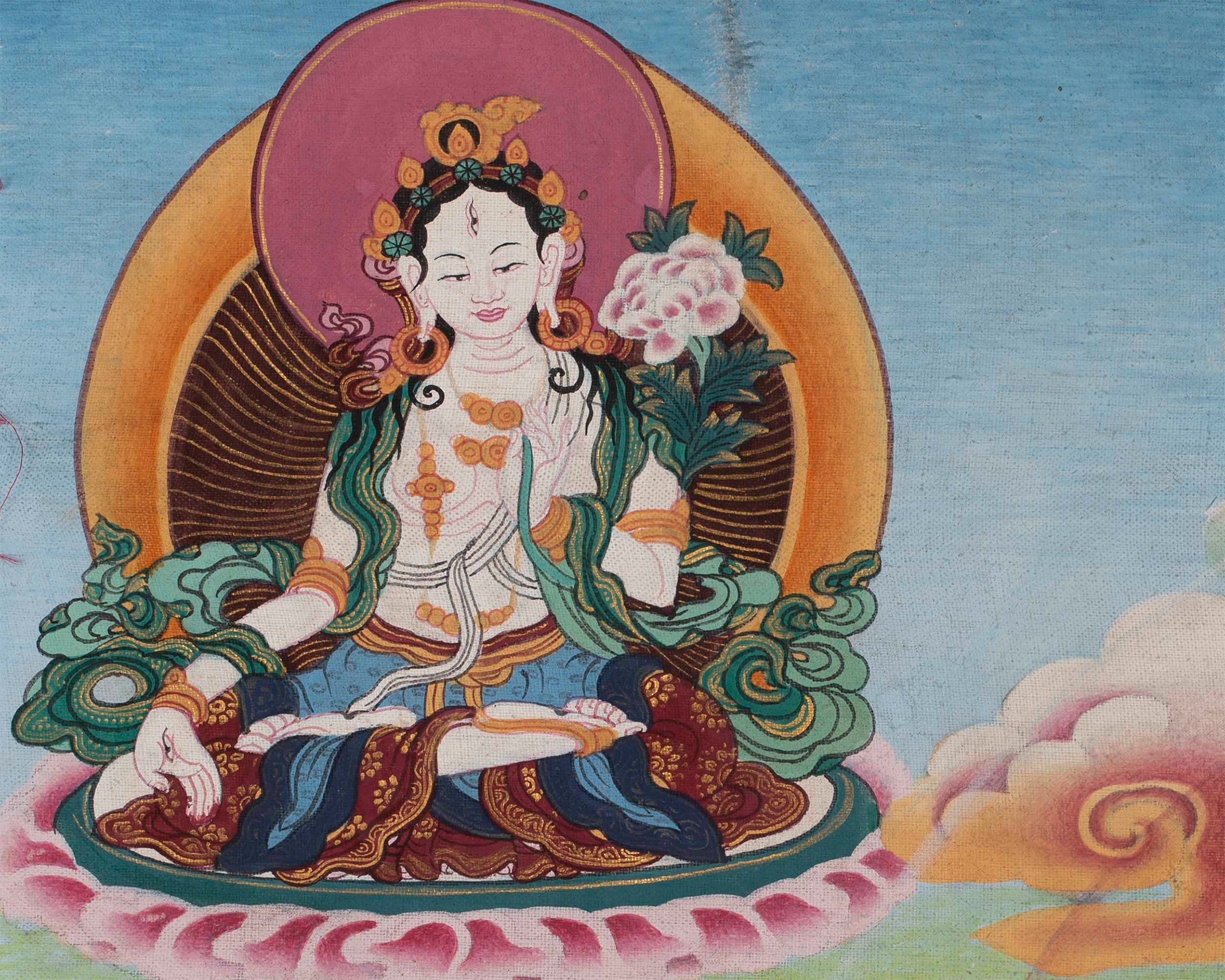 Original Vintage Chenrezig Thanka with Brocade | Traditional Thangka Art