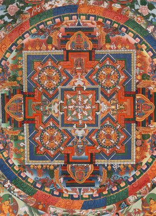 Vintage Big Buddha Mandala with Bodhisattvas and Buddhist Masters | Original Hand-Painted Thangka