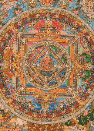 Buddha life Mandala With Buddhist Mantra Border | Unique Hand Painted Tibetan Art