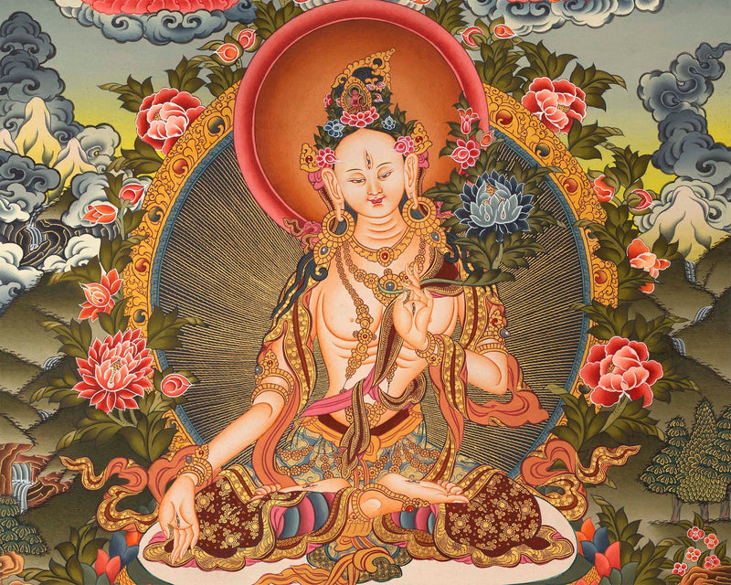 White Tara Original Hand-Painted Thangka | Kwan Yin Female Goddess