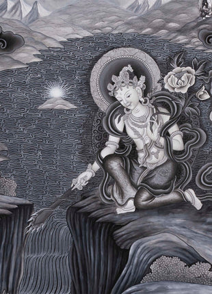Boddhisattva Manjushree Thangka Creating Kathmandu Valley With The Self Born Light Swayambhu | Newari Style Black And White Wall Deco Art