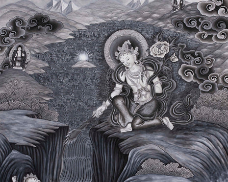Boddhisattva Manjushree Thangka Creating Kathmandu Valley With The Self Born Light Swayambhu | Newari Style Black And White Wall Deco Art