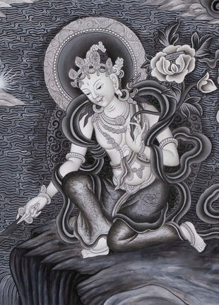 Boddhisattva Manjushree Thangka Creating Kathmandu Valley With The Self Born Light Swayambhu | Newari Style Black And White Wall Deco Art