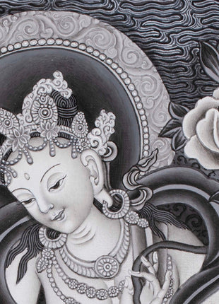 Boddhisattva Manjushree Thangka Creating Kathmandu Valley With The Self Born Light Swayambhu | Newari Style Black And White Wall Deco Art