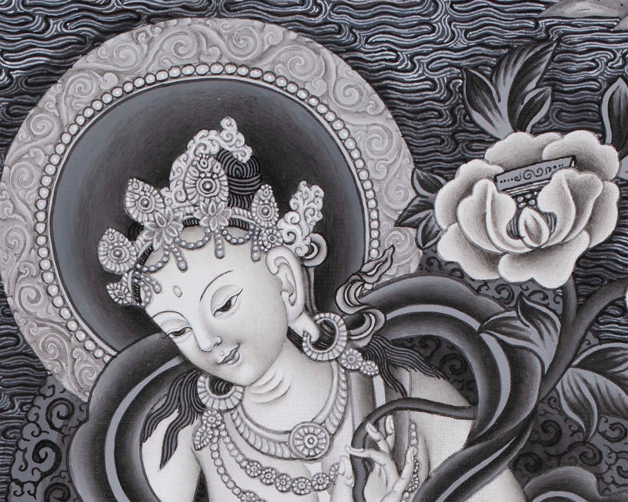 Boddhisattva Manjushree Thangka Creating Kathmandu Valley With The Self Born Light Swayambhu | Newari Style Black And White Wall Deco Art