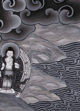 Boddhisattva Manjushree Thangka Creating Kathmandu Valley With The Self Born Light Swayambhu | Newari Style Black And White Wall Deco Art